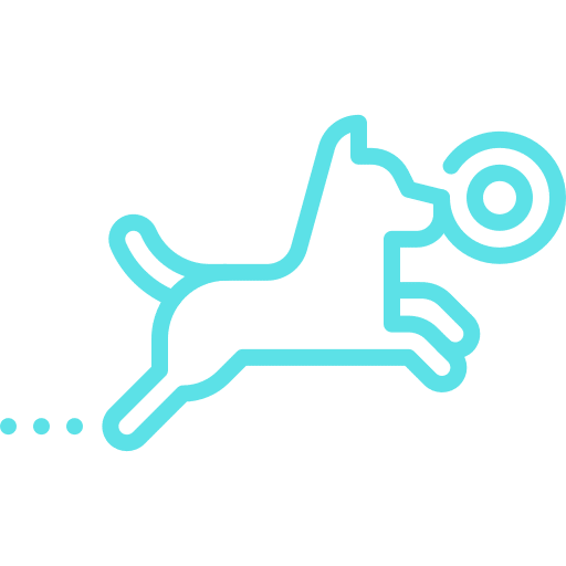Outline of a dog leaping to catch a flying disc, depicted in light blue on a transparent background.